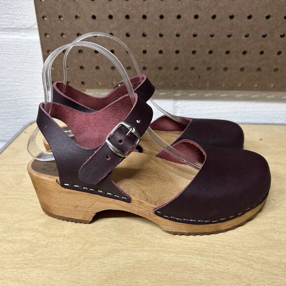 MIA Swedish Leather Wooden Clogs Heels Ankle Strap Size 39 US 8.5 Burgundy Wine - Picture 4 of 9